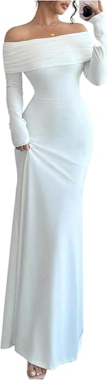 GORGLITTER Women's Fishtail Ruffle Maxi Dresses Off Shoulder Long Sleeve Ruched Elegant Dress - Image 3