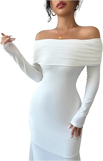 GORGLITTER Women's Fishtail Ruffle Maxi Dresses Off Shoulder Long Sleeve Ruched Elegant Dress